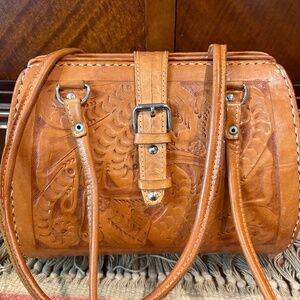 VINTAGE GENUINE HAND-TOOLED LEATHER HARD-SIDE HANDBAG